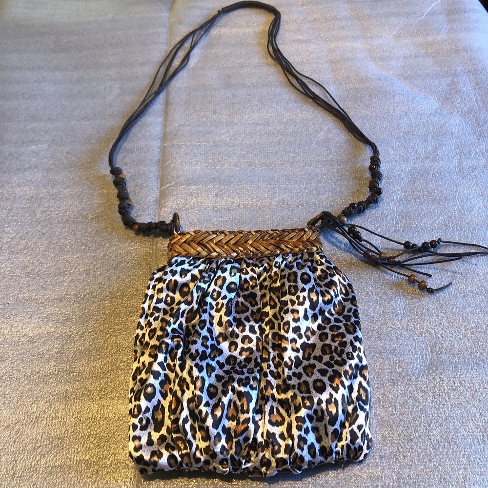 DP Leopard Print Purse Braided Beaded Long Strap Bohemian Hippie Pocket Clasp